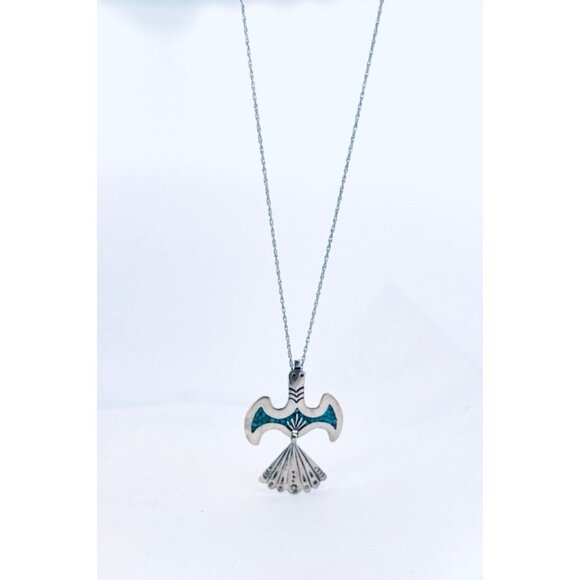 Vintage Sterling Silver Turquoise Inlay Thunderbird Pendant Necklace 10g, 16"in - Picture 1 of 11